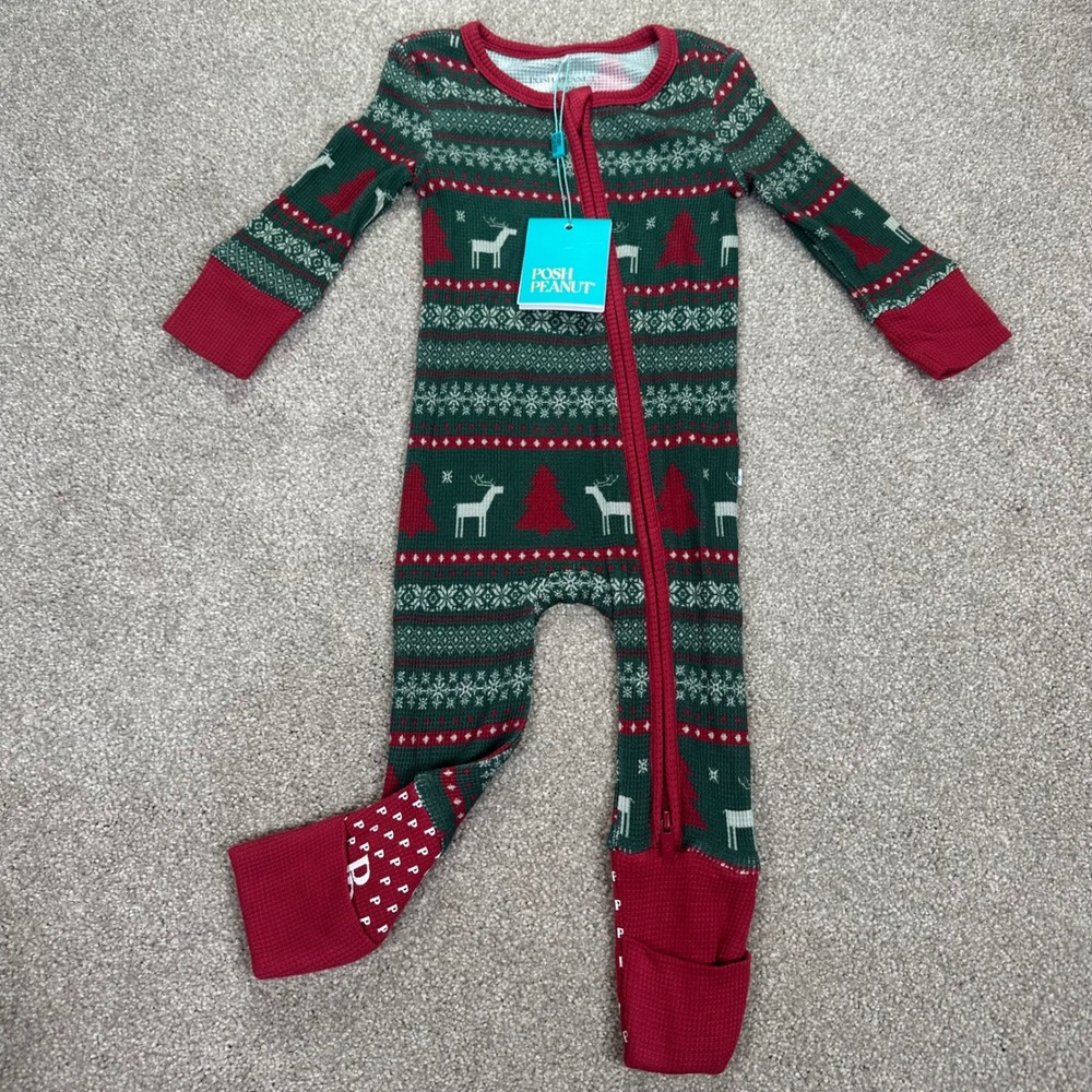 Posh Peanut Kids Christmas Pajamas Footie Sleepsuit 6 9M Deer Tree Fair‎ Isle